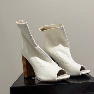 White Peep-Toe Sock Booties with Stacked Heel